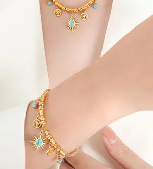 Turquoise Stones Stars Tree Of Life Charms Gold Bracelet thumbnail 3