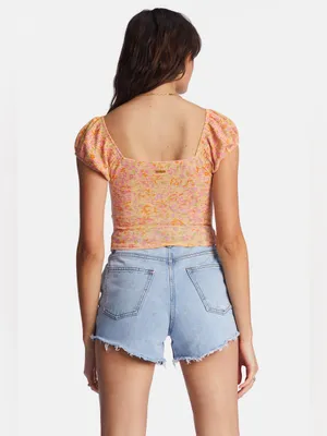 NWT Billabong Pretty Sweet Top Orange Pink Floral Crop Top Puff Sleeve Medium thumbnail 2