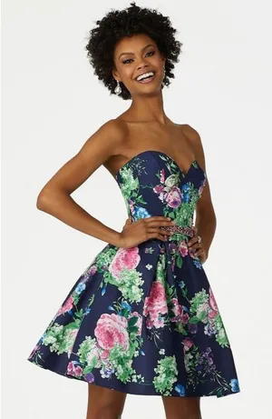 Morilee prom dress Floral navy blue strapless mini dress With Sequin Accents 10 thumbnail 1