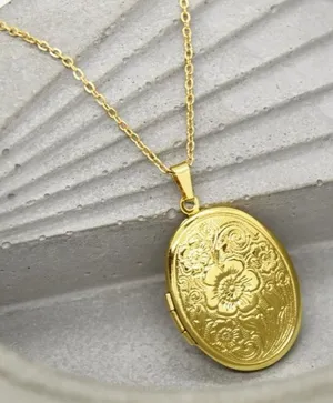 Gold Floral Design Oval Locket Necklace thumbnail 1