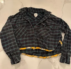 Urban Outfitters Cropped Flannel Button Up/ Green with Yellow Trim thumbnail 1