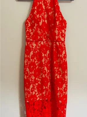 ABS Allen Schwartz Red Floral Lace Halter Dress Sheath Cocktail Wedding Guest 4 thumbnail 3