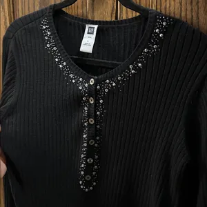 Vintage GAP Angora Henley Sweater‎ Womens Black Ribbed Beaded Cotton Wool Large thumbnail 4