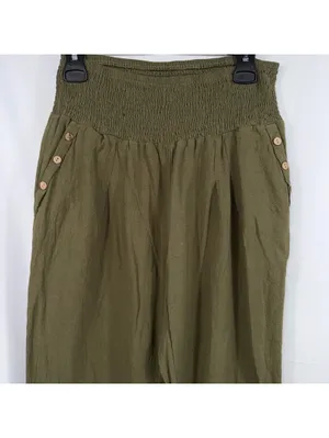 Olive Green Smocked Waist Wide Leg Pants M thumbnail 2