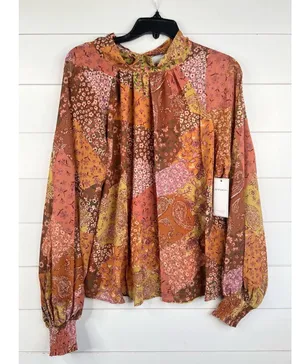 AURA Blouse Womens Size L Patchwork Tie Neck Long Sleeve Bohemian Relaxed Fit thumbnail 2