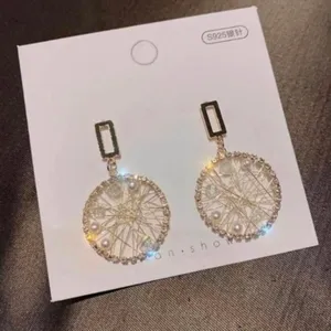 Women's Crystal Pearl Gold Wheel Dangle Drop Earrings thumbnail 2