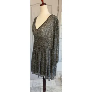 Zara Womens Green Cream Polka Dot Smocked‎ V-Neck Mini Dress L thumbnail 6