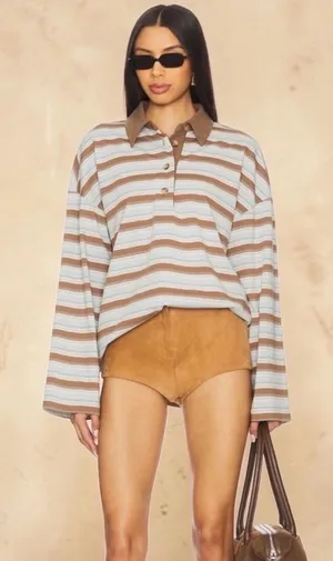 Lovers + Friends Rowan Rugby Top en Blue & Brown Stripe thumbnail 1
