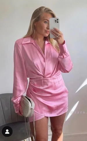 mini dress satin effect drapped long sleeve pink party wedding coctail thumbnail 1
