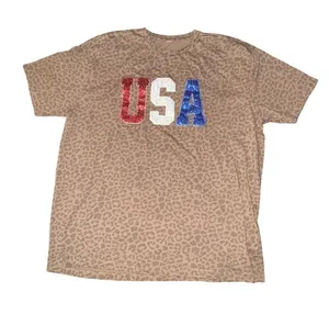 Bella Canvas USA Sequin Leopard Print Crew Neck T Shirt Women's XXL Patriotic thumbnail 1