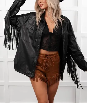 Oversized Fringe Black Button Front Faux Leather Coat Jacket Sz S Western Boho thumbnail 1
