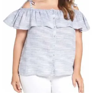 Lucky Brand Blue White Off Shoulder Top Ruffle Small (4400) thumbnail 1