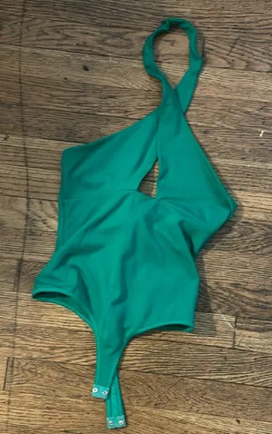 NBD emerald green wrap neck bodysuit thumbnail 1
