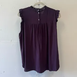 LOFT Purple Sleeveless Eyelet Embroidered Ruffle Blouse Plum Large Whimsical thumbnail 2