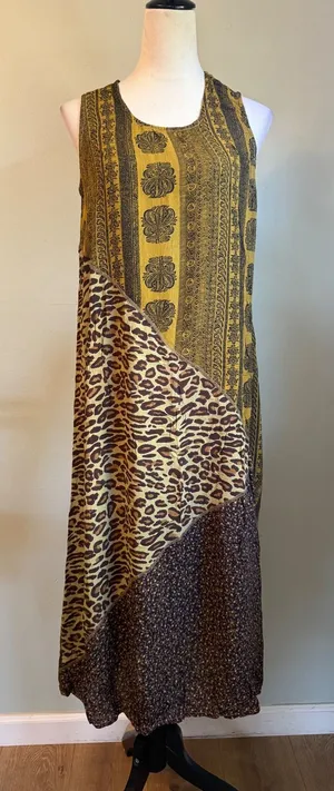 René Derhy patchwork Maxi Dress Mustard Leopard Flora vintage boho whimsigoth L thumbnail 1