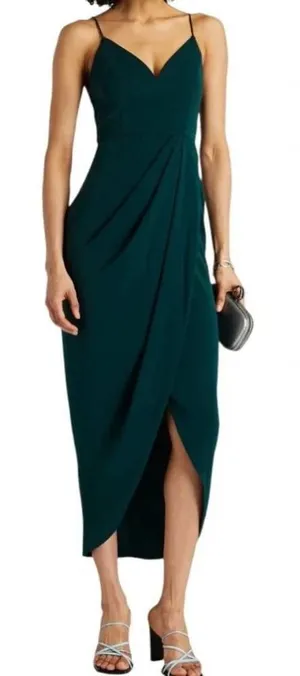 Shona Joy Core Cocktail Draped Midi Dress Emerald Green Wedding Guest Size 8 US thumbnail 1