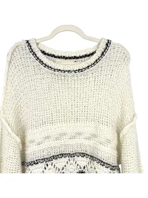 Saltwater Luxe Open Knit Sweater Cream Black Size XL Rustic Coastal Boho Chic thumbnail 3