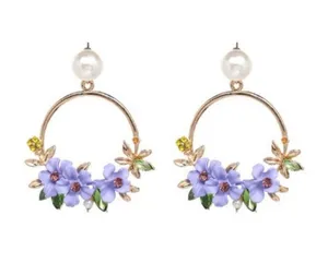 Women's Purple Crystal Flower Drop Dangle Hoop Earrings thumbnail 3