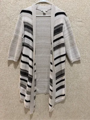 Open front knit cardigan large fall cotton blend neutral preppy duster layering thumbnail 2