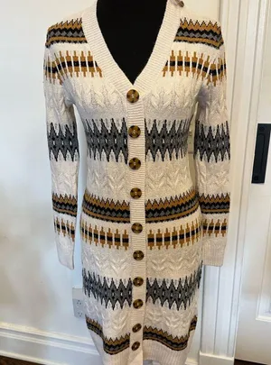 Lucky Brand Fair Isle Nordic Stripe Button Front Sweater Dress Cream NEW thumbnail 3