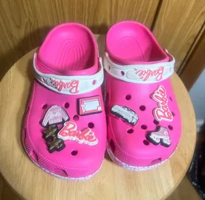 CROCS Hot Pink Sandal Clogs with White Heel Strap and Barbie Charms thumbnail 1