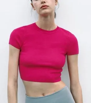 Zara Basic Cropped Knit Top Baby Tee Hot Pink Size‎ Small thumbnail 1