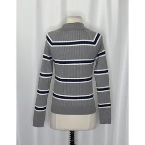 BOHME Striped Polo Henley Sweater Gray Navy Blue White Buttons Pullover Large thumbnail 8