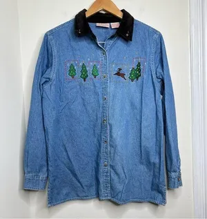 VTG Christmas Holiday Denim Button Down Shirt Embroidered Trees SZ Large STAINED thumbnail 1