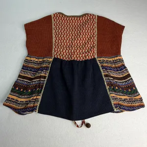 THML Womens XS Mixed Media Boho Patchwork Tassel Tie Ribbed Knit Top Rust Navy thumbnail 5