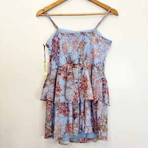 Liberty Love Blue Floral Tiered Ruffle Mini Dress Whimsical Boho Chic Size L thumbnail 5