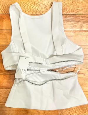 ZARA NWT viral TIK TOK White Jeweled Rhinestone Embellished Cutout Top XL thumbnail 13