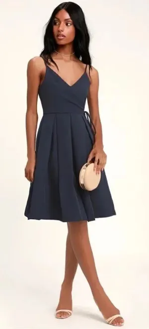 Lulus Thinking About You Navy Blue Pleated Faux Wrap Midi Dress Size Small thumbnail 1