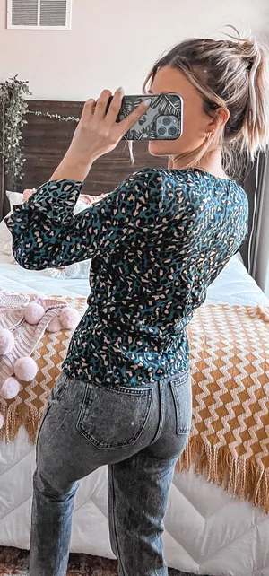 Blue Leopard Print Wrap Blouse  thumbnail 3