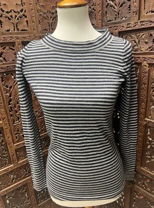 J. Crew XS Sweater Blue Gray Stripe Button Detail‎ Merino Wool thumbnail 1