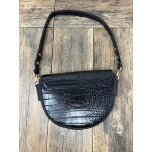 MNG Mango Black Crocodile Embossed Half Moon Shoulder Bag Gold Hardware thumbnail 4