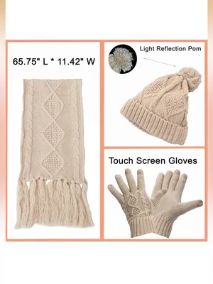 New! Super Soft Beige Cable Knit Pom Beanie, Scarf & Glove Set thumbnail 2