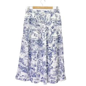 Joie 100% Linen Blue White Tropical Toile Midi Skirt Elastic Waist Size Large thumbnail 3