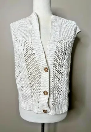 Specialty House White Crochet Sweater Cardigan Vest Large‎ Button Boho Fisherman thumbnail 1