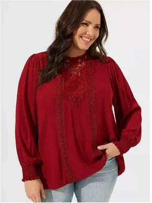 Torrid Washable Crinkle Gauze Crochet Yoke Blouson Sleeve Top Size 2X Rhubarb thumbnail 1