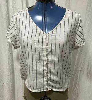 Roxy White Button Front V Neck with Pinstripes Size XS thumbnail 1