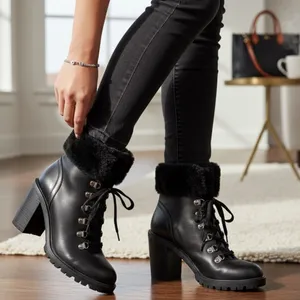 Guess Black faux Fur-trim Lace-Up Boots. New thumbnail 1