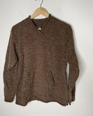 Vintage Sweater Womens Large VNeck Wool Blend Kangaroo Pocket Brown In Knit thumbnail 1