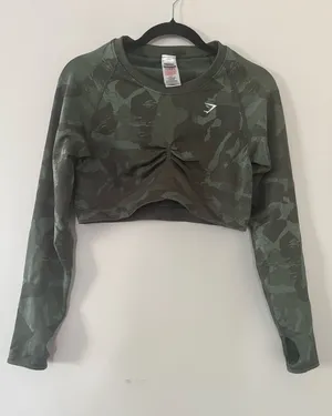 Gymshark Green Camo Ruched Crop Top XL Long Sleeve Seamless Workout Loungewear thumbnail 1