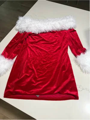 NEW Red Christmas Off The Shoulder Long Sleeve Fur Trim Velvet Dress L thumbnail 3