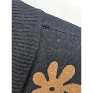 Sioni Cardigan Sweater Womens Large Daisy Floral Full Zip Mock Neck Black EUC thumbnail 3