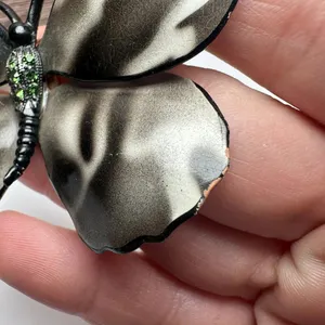 Large Rhinestone Butterfly Insect Enameled Metal Brooch Pin Enamel Black White thumbnail 8