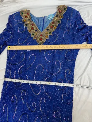 Vintage Tan-Chho Pure Silk Beaded Sequin Maxi Gown Dress Royal Blue Size XL 80’s thumbnail 8
