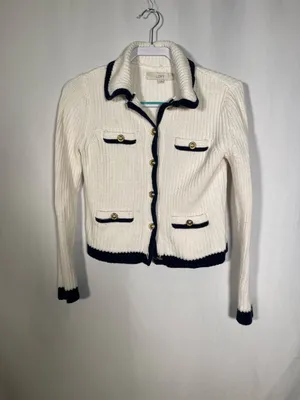 Loft Womens Tipped Ribbed Button Down Sweater Cream Navy Small thumbnail 2