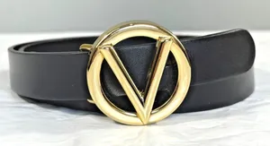 Valentino Garavani Valentino Milano Black Leather Belt with Gold V-Logo Buckle Size S Quiet Luxury thumbnail 1
