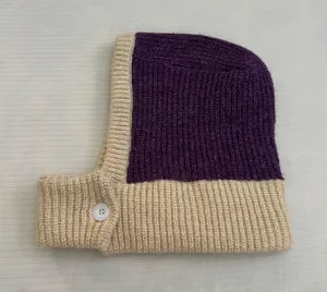 NWOT Purple Beige Button Balaclava Winter Knit Hoodie Hood Hat thumbnail 7